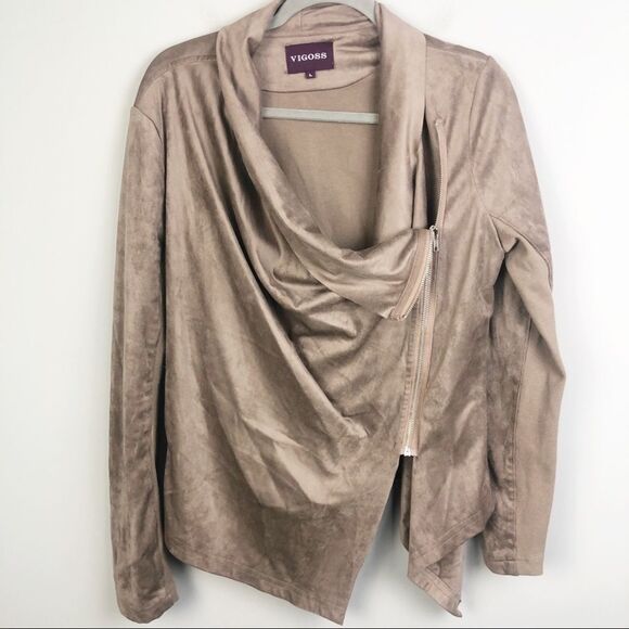 VIGOSS | Faux Suede Asymmetrical Tan Moto Jacket Zip Front Drape L - Picture 1 of 7